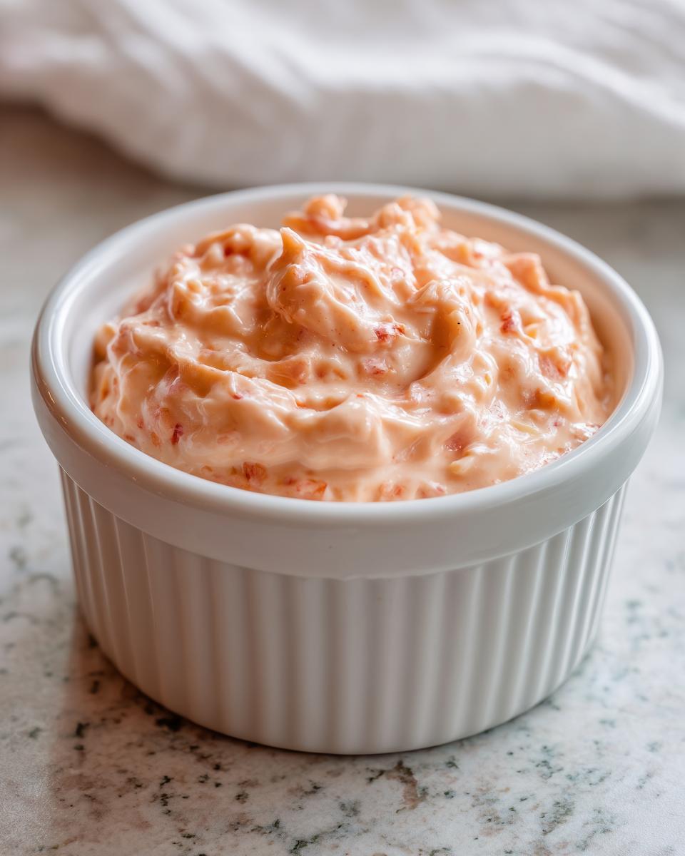 Close-up of creamy, pinkish big mac sauce with visible relish pieces in a small white fluted bowl.