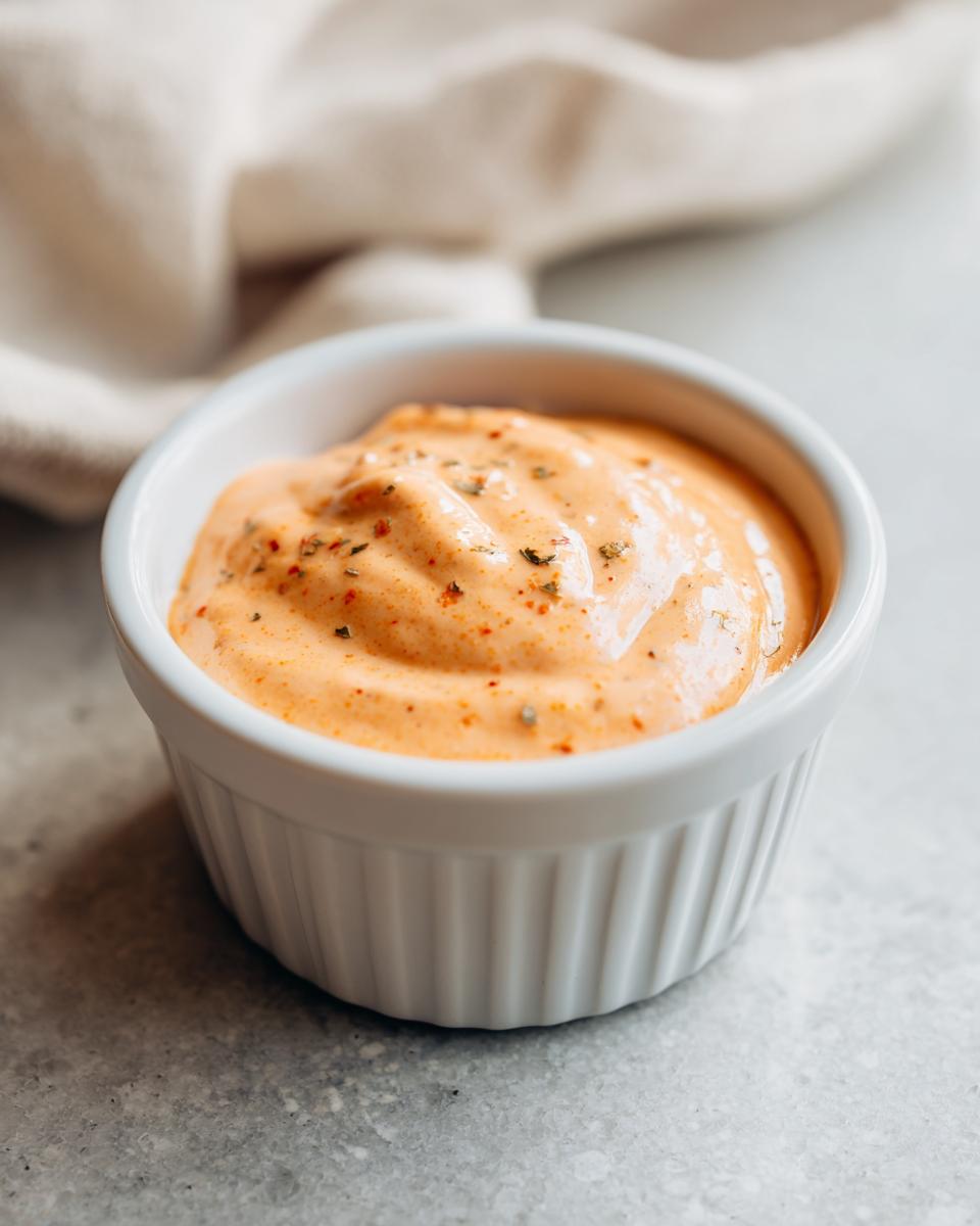 Close-up of creamy, orange-hued big mac sauce topped with herbs in a small white dipping bowl.