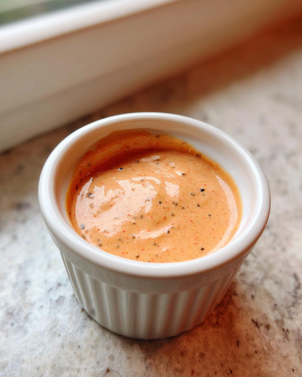 Close-up of homemade big mac sauce, a creamy orange dressing speckled with spices, served in a small white fluted ramekin.