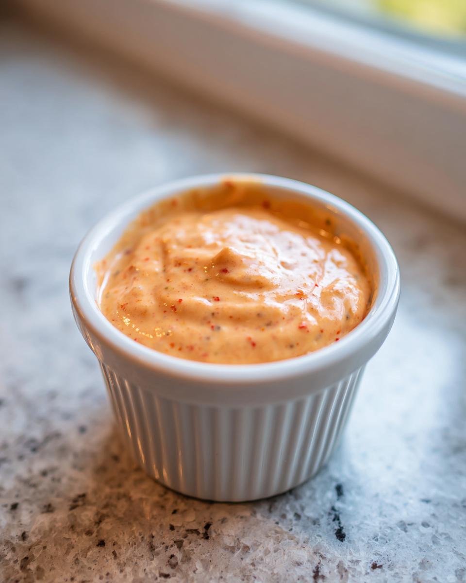 Close-up of creamy, orange-hued big mac sauce with visible red spice flecks in a small white ramekin.