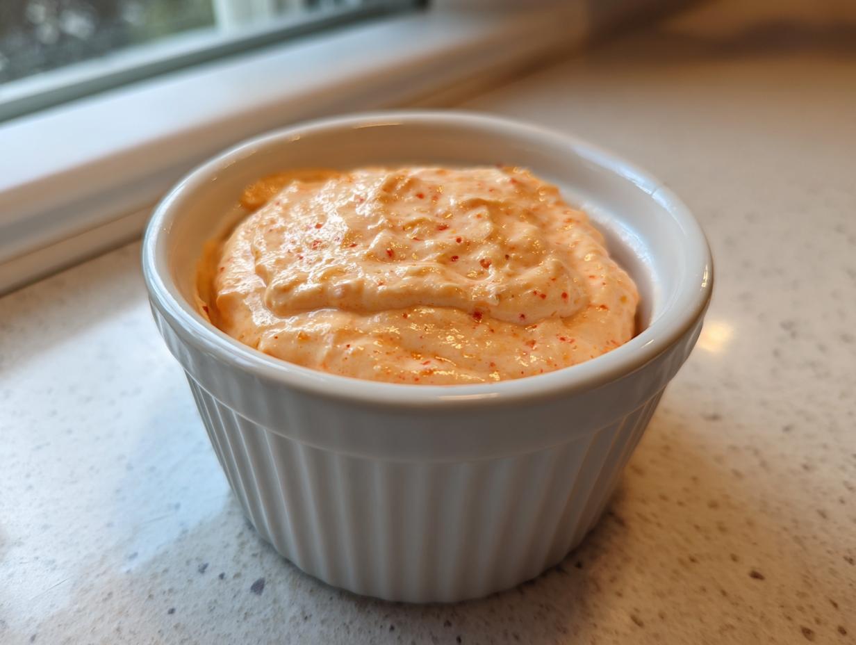A close-up of creamy, orange-tinted big mac sauce speckled with red spices, served in a small white fluted ramekin.