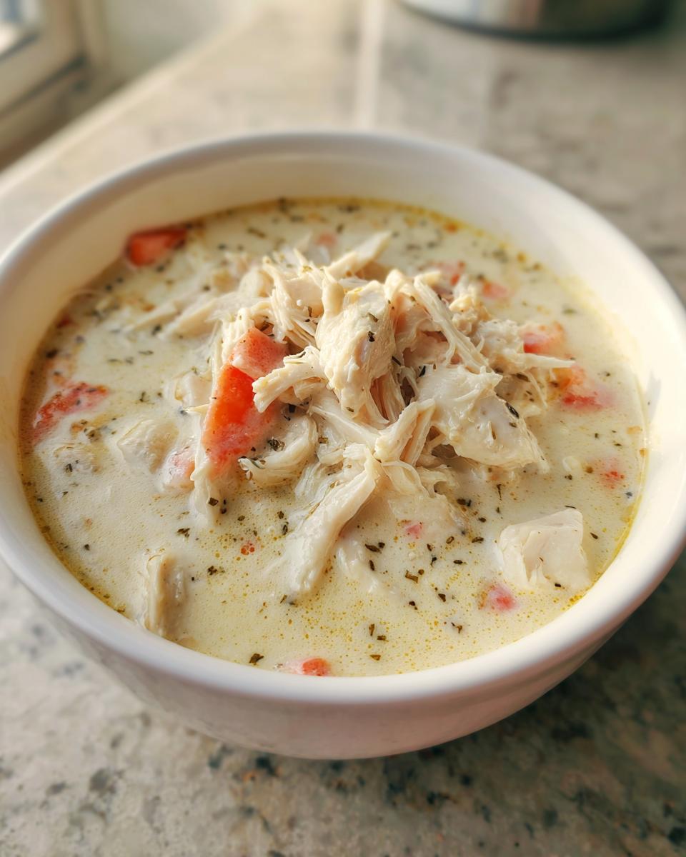 A close-up of a white bowl filled with rich, homemade cream of chicken soup topped with shredded chicken and herbs.