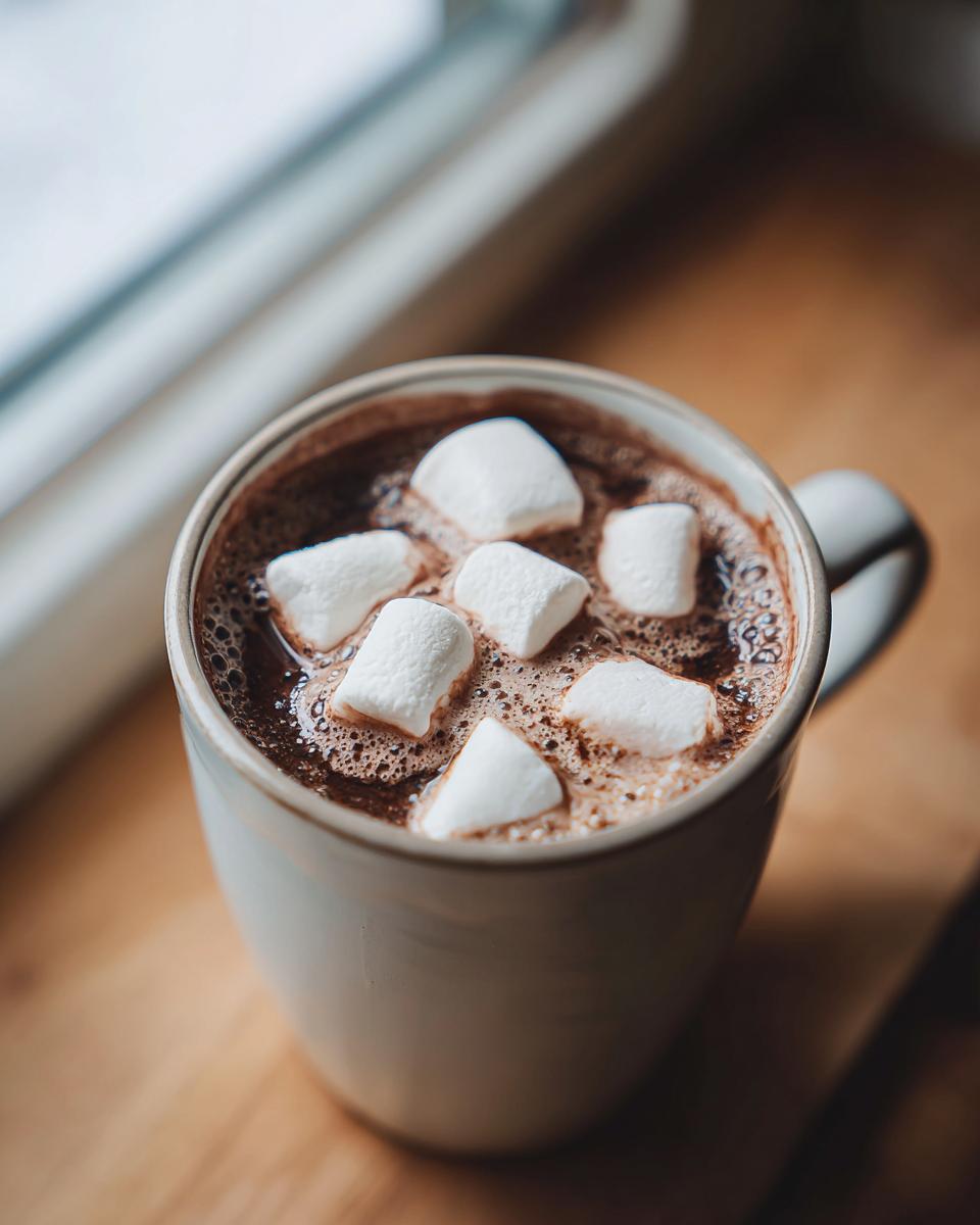 Close-up of a mug of rich homemade hot cocoa topped with fluffy white marshmallows.