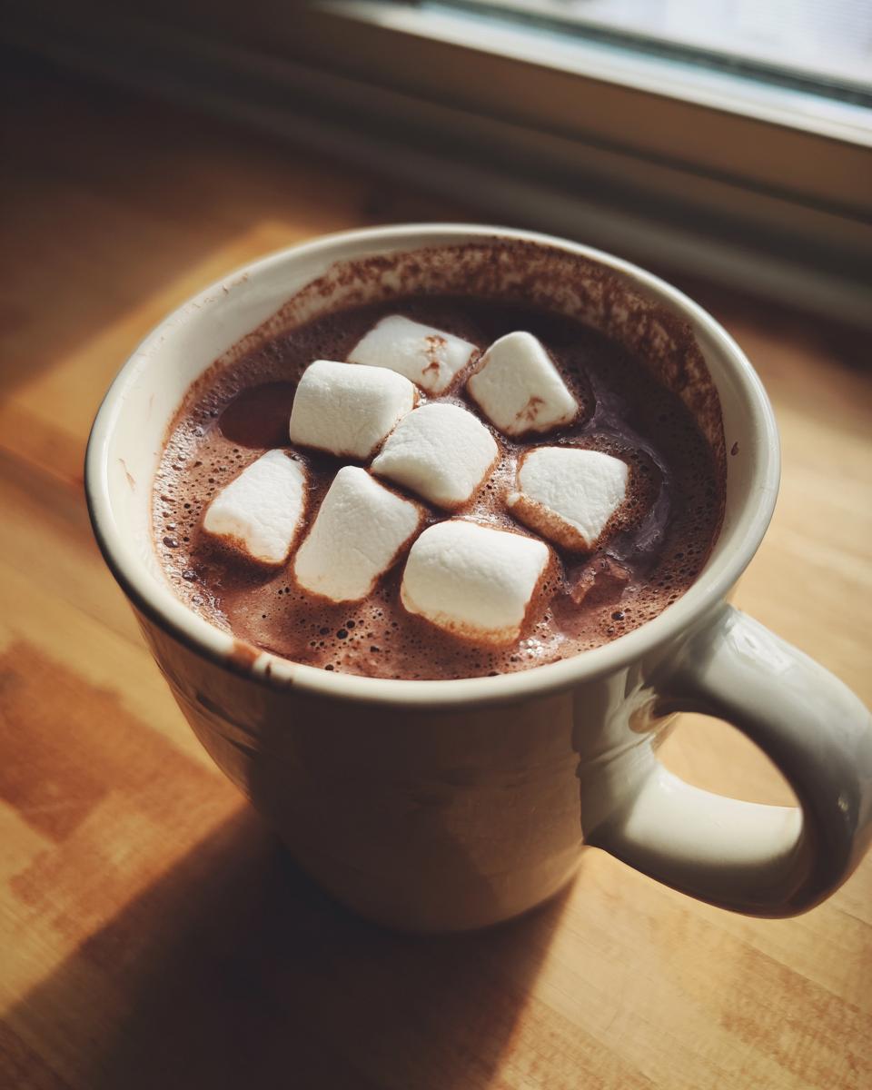 Close-up of a creamy mug of homemade hot cocoa topped with fluffy white marshmallows.