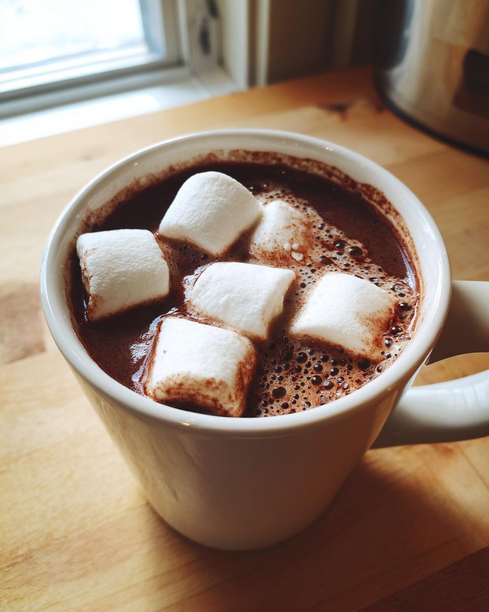 A close-up of a white mug filled with rich homemade hot cocoa topped with five fluffy white marshmallows.