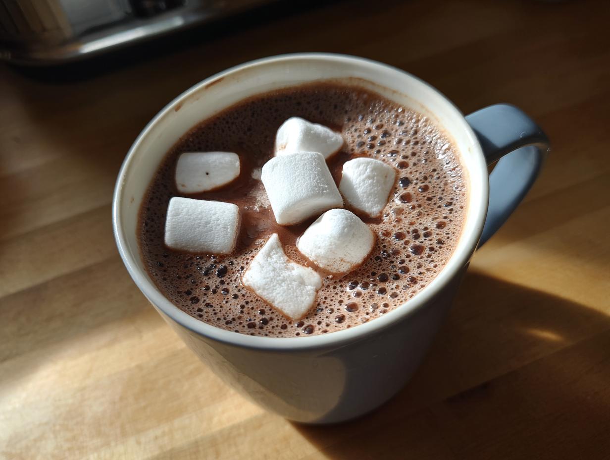 Close-up overhead view of a mug filled with rich homemade hot cocoa topped with fluffy marshmallows.