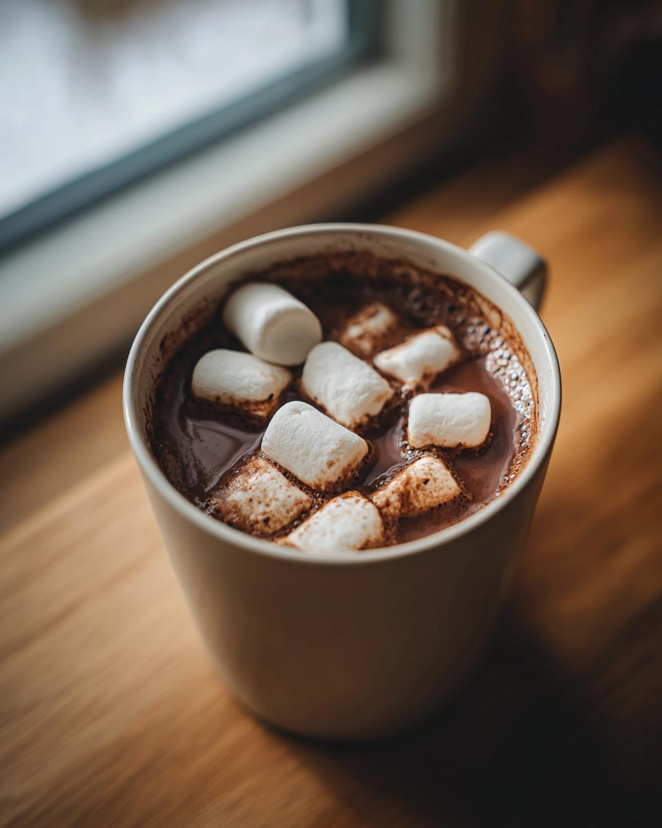 Close-up of a mug filled with rich homemade hot cocoa topped with melting white marshmallows.