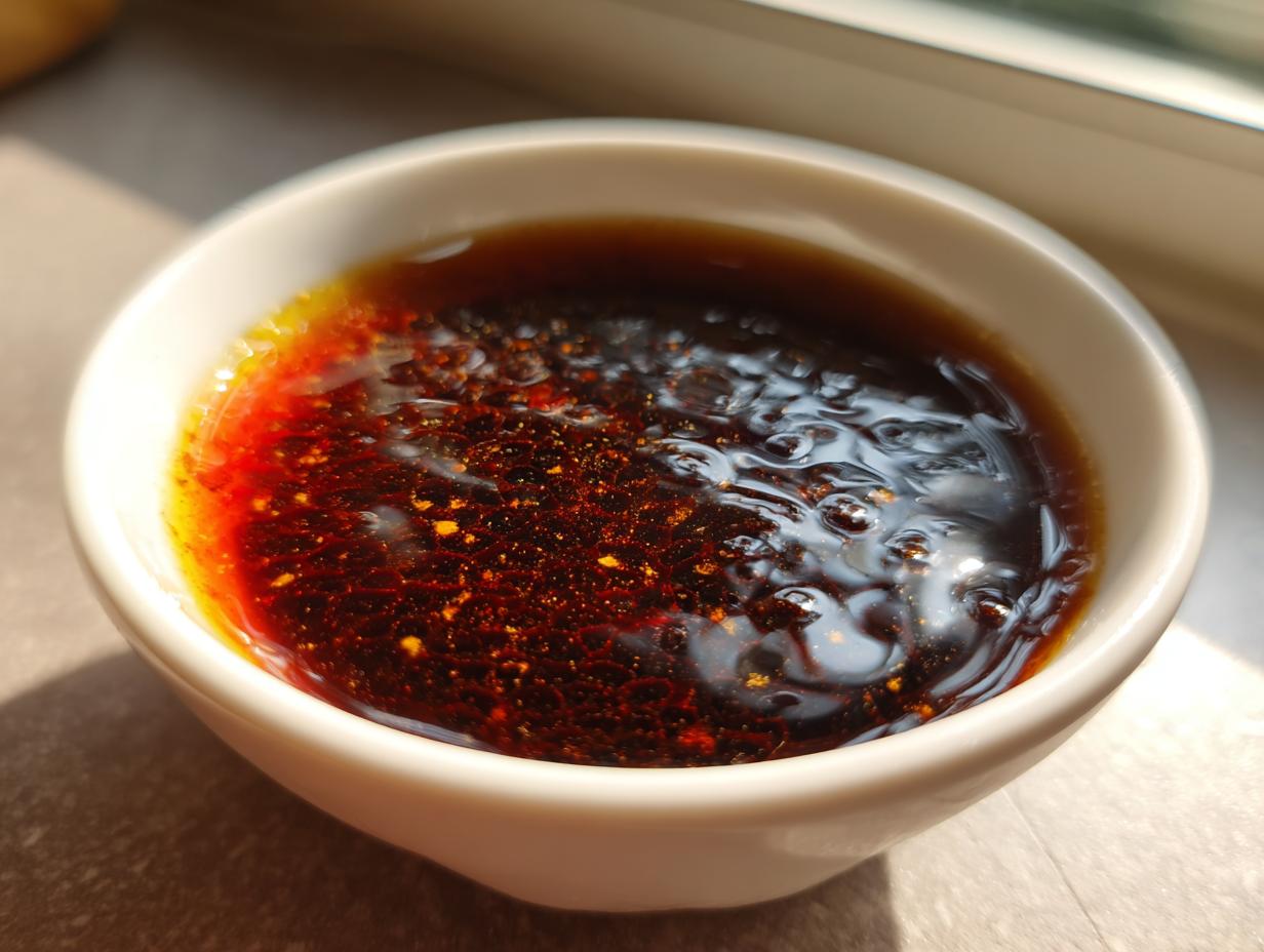 Close-up of rich, dark homemade teriyaki sauce with visible spices and oil separation in a small white bowl.