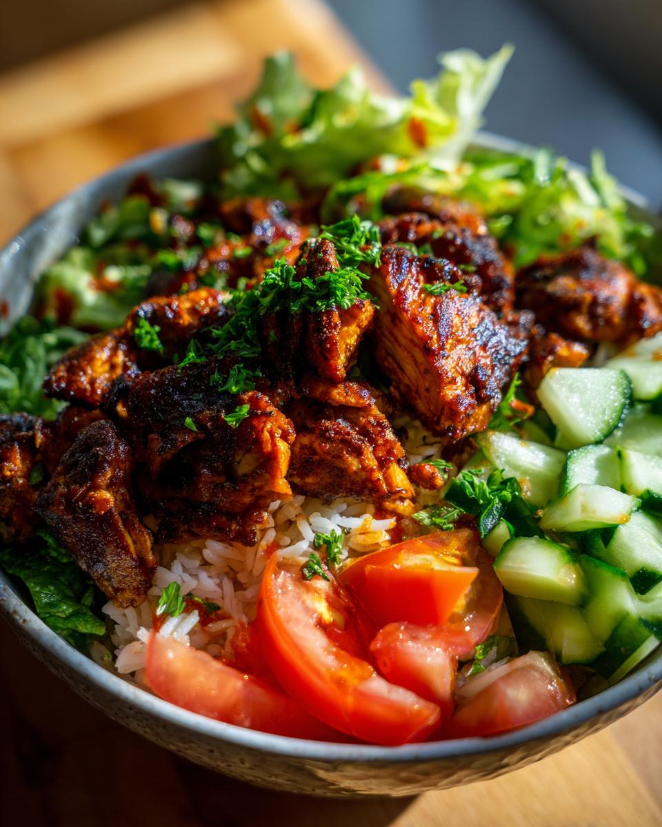A close-up of a vibrant bowl featuring seasoned harissa chicken pieces over white rice, served with fresh sliced tomatoes, cucumbers, and lettuce.