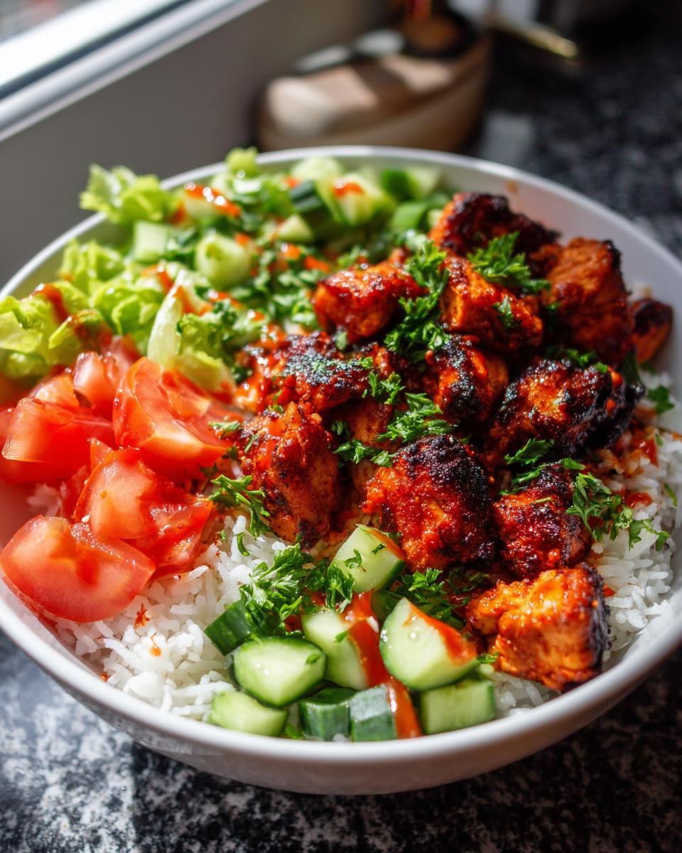A white bowl filled with white rice topped with vibrant, caramelized harissa chicken, fresh tomatoes, cucumbers, and lettuce.