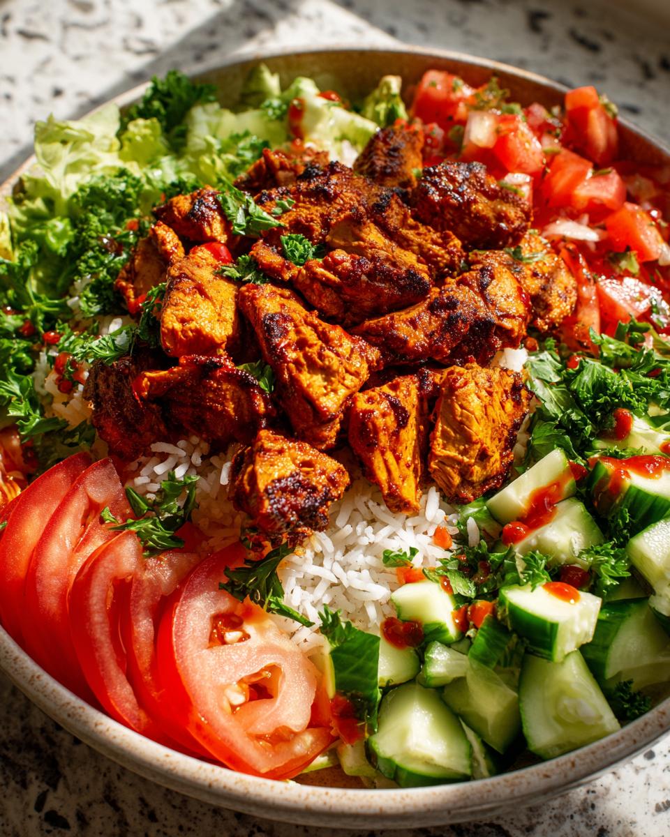 A close-up of a colorful bowl featuring seasoned harissa chicken pieces over white rice, surrounded by fresh lettuce, sliced tomatoes, and chopped cucumbers.