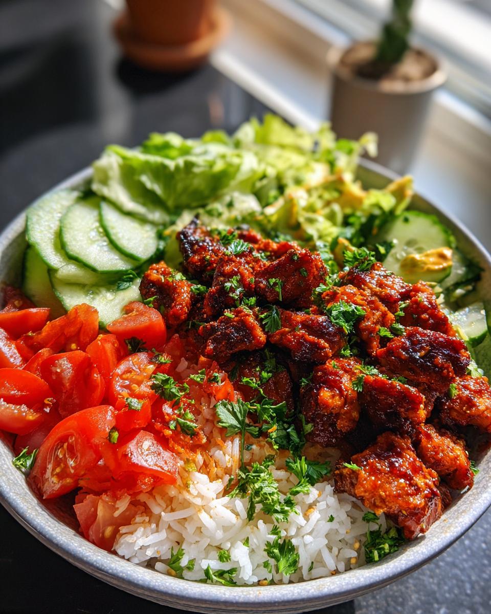 A vibrant bowl featuring white rice topped with glazed, spicy harissa chicken, fresh tomatoes, cucumber slices, and lettuce.
