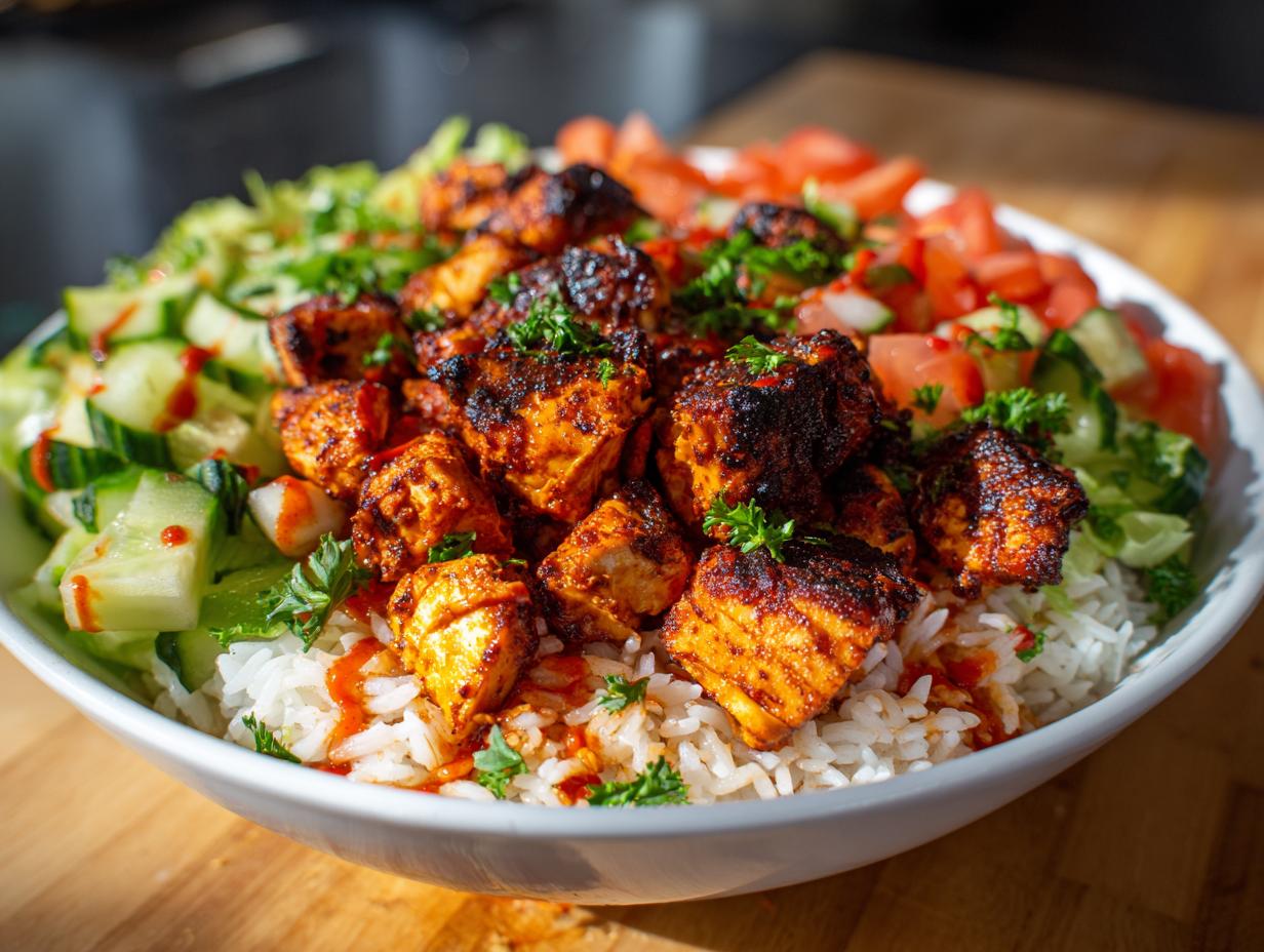 A vibrant bowl featuring seasoned harissa chicken pieces served over white rice with fresh chopped cucumbers, tomatoes, and parsley garnish.