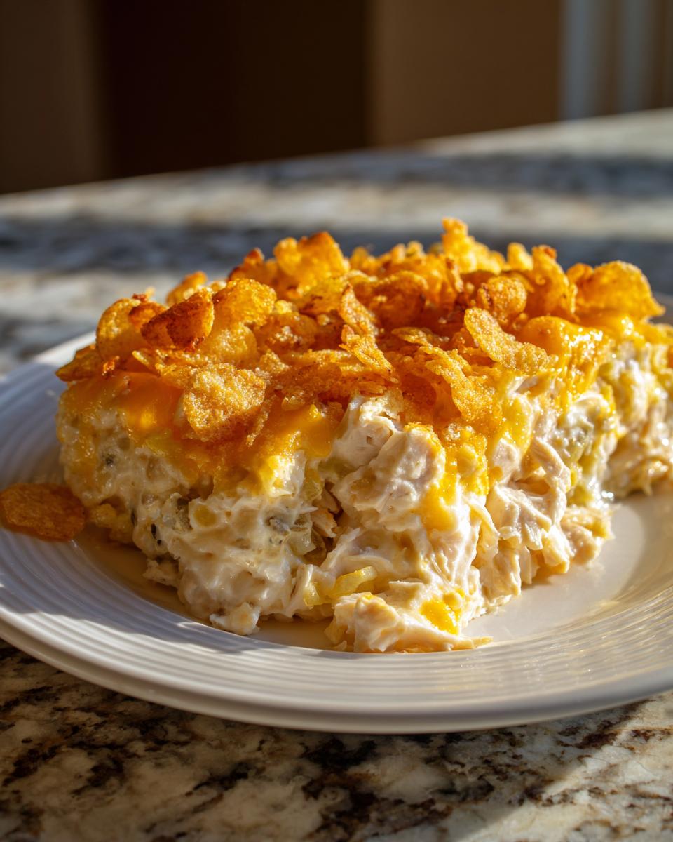 A generous serving of hot chicken salad casserole topped with melted cheese and crispy cornflakes.