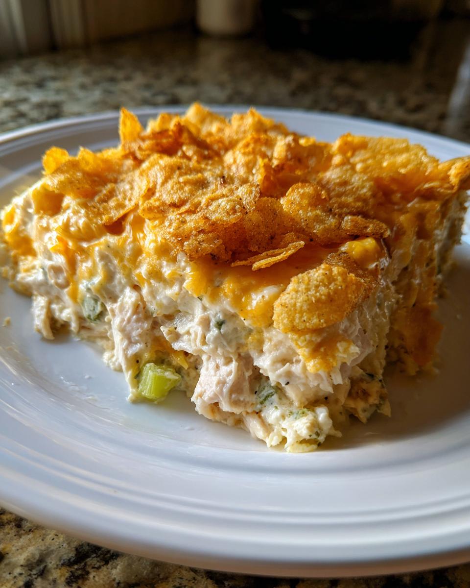 A serving of creamy hot chicken salad topped with melted cheese and a crunchy cornflake crust.