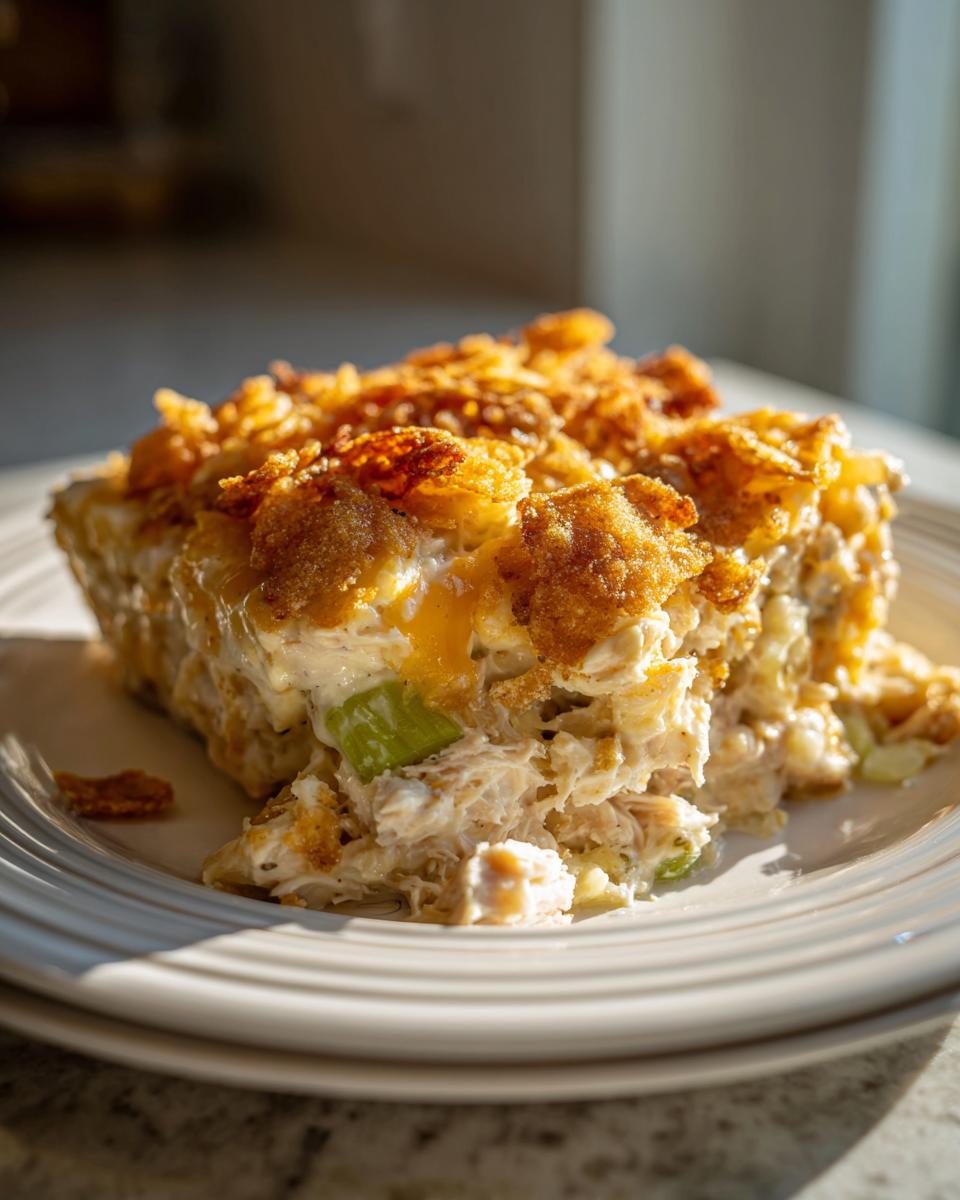 A generous slice of creamy hot chicken salad casserole topped with crunchy cornflakes, served on a white plate.