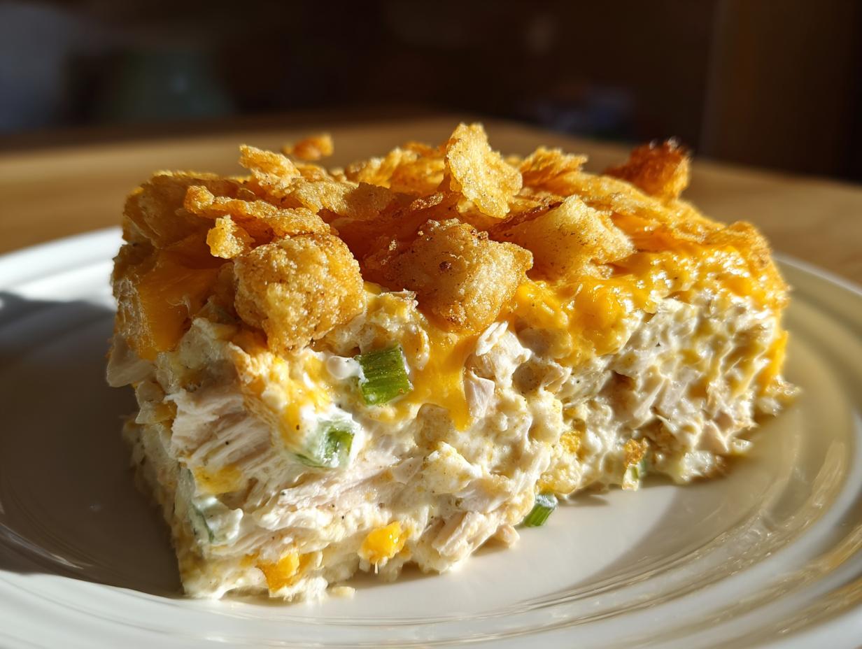 A generous slice of creamy hot chicken salad topped with melted cheese and crunchy cornflakes.