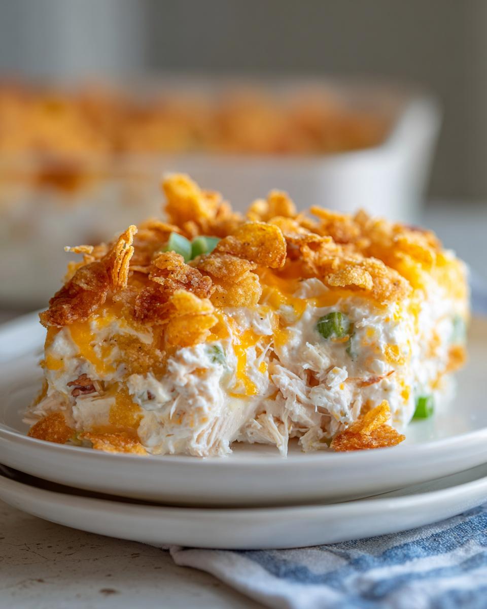 A close-up serving of creamy hot chicken salad topped with melted cheese and crunchy cornflakes.