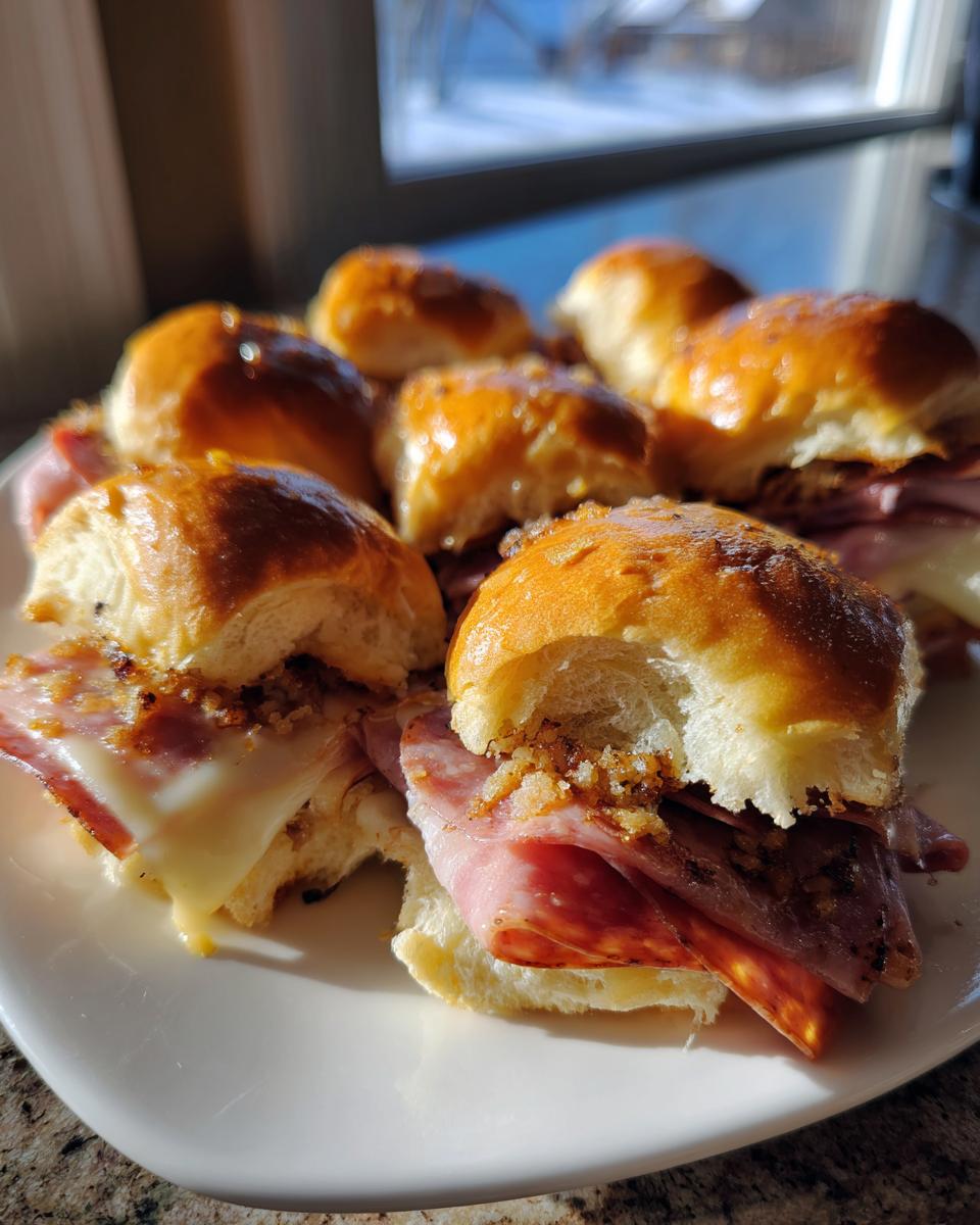 A plate full of freshly baked grinder sliders with ham, salami, and melted cheese, topped with a savory glaze.
