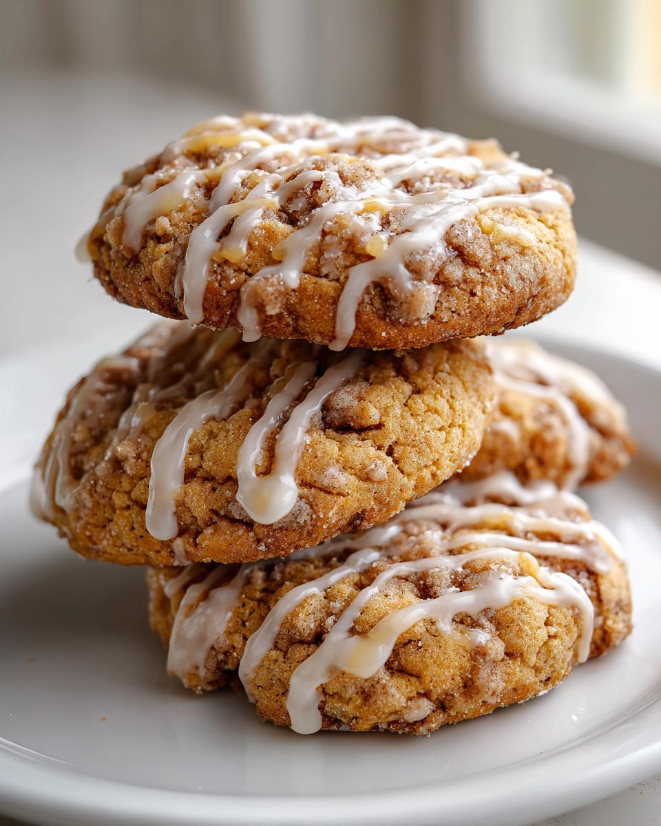 A stack of three delicious coffee cake cookies, topped with cinnamon streusel and drizzled with white icing.