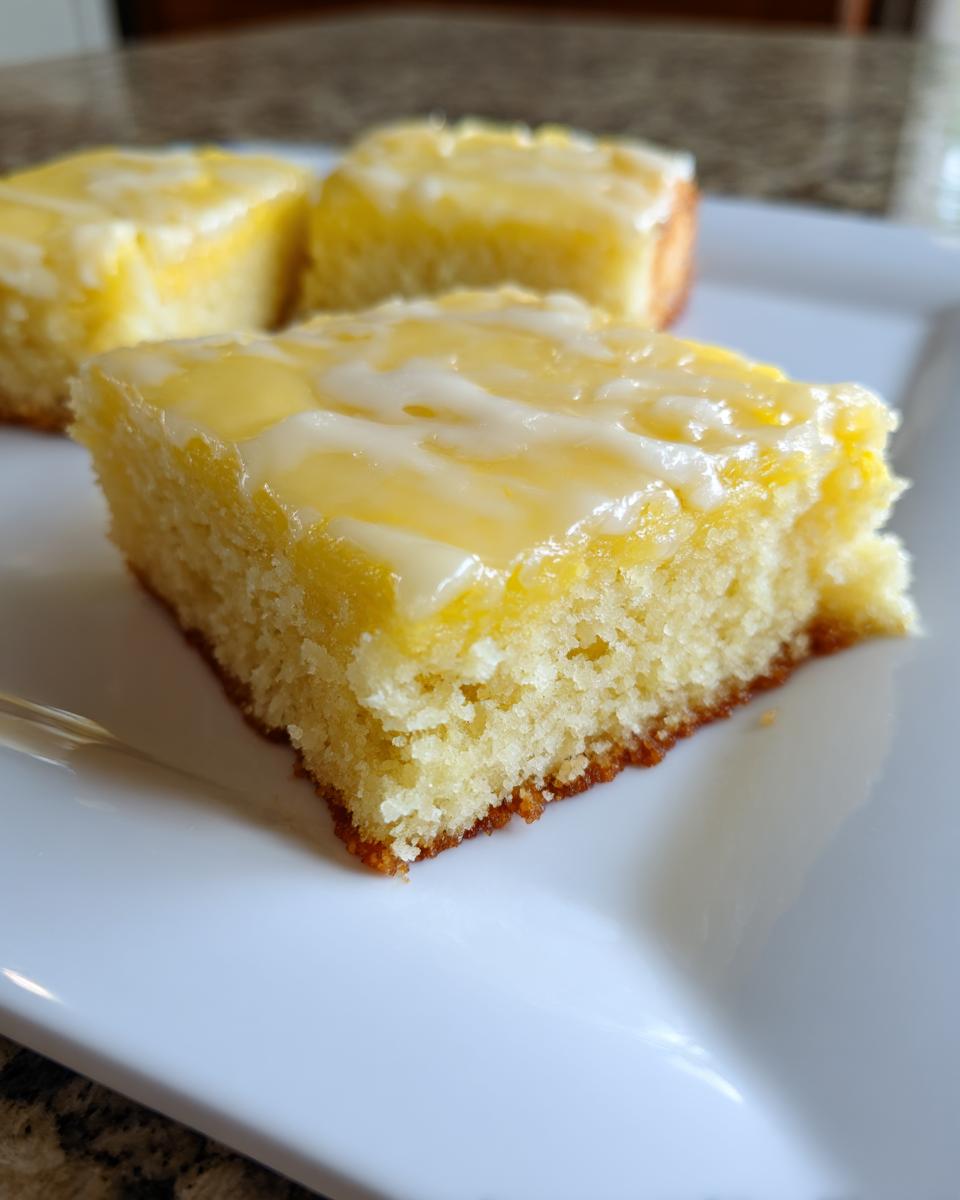 A close-up of a square piece of fluffy lemon brownies topped with a bright yellow and white glaze.