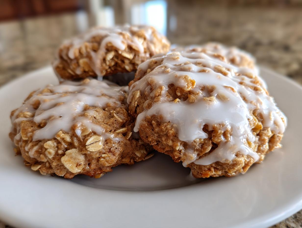 Four delicious iced oatmeal cookies piled on a white plate, featuring visible oats and thick white icing.
