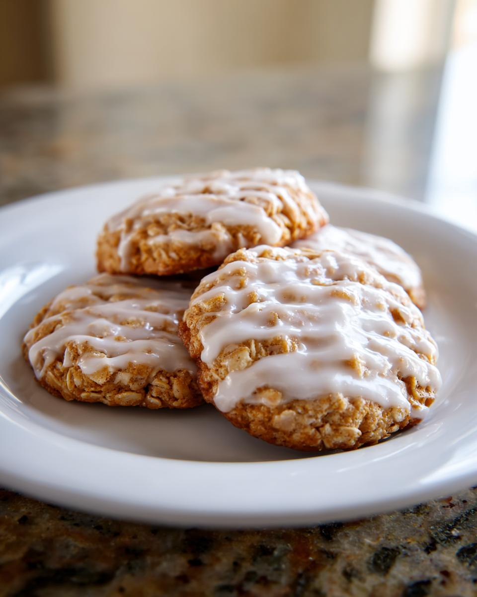 A close-up of three soft iced oatmeal cookies drizzled with white glaze, resting on a white plate.
