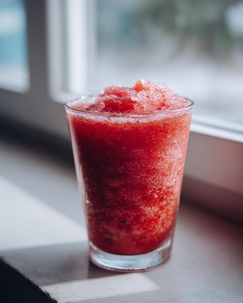 A vibrant, icy strawberry daiquiri served in a clear glass, sitting on a light windowsill in bright sunlight.