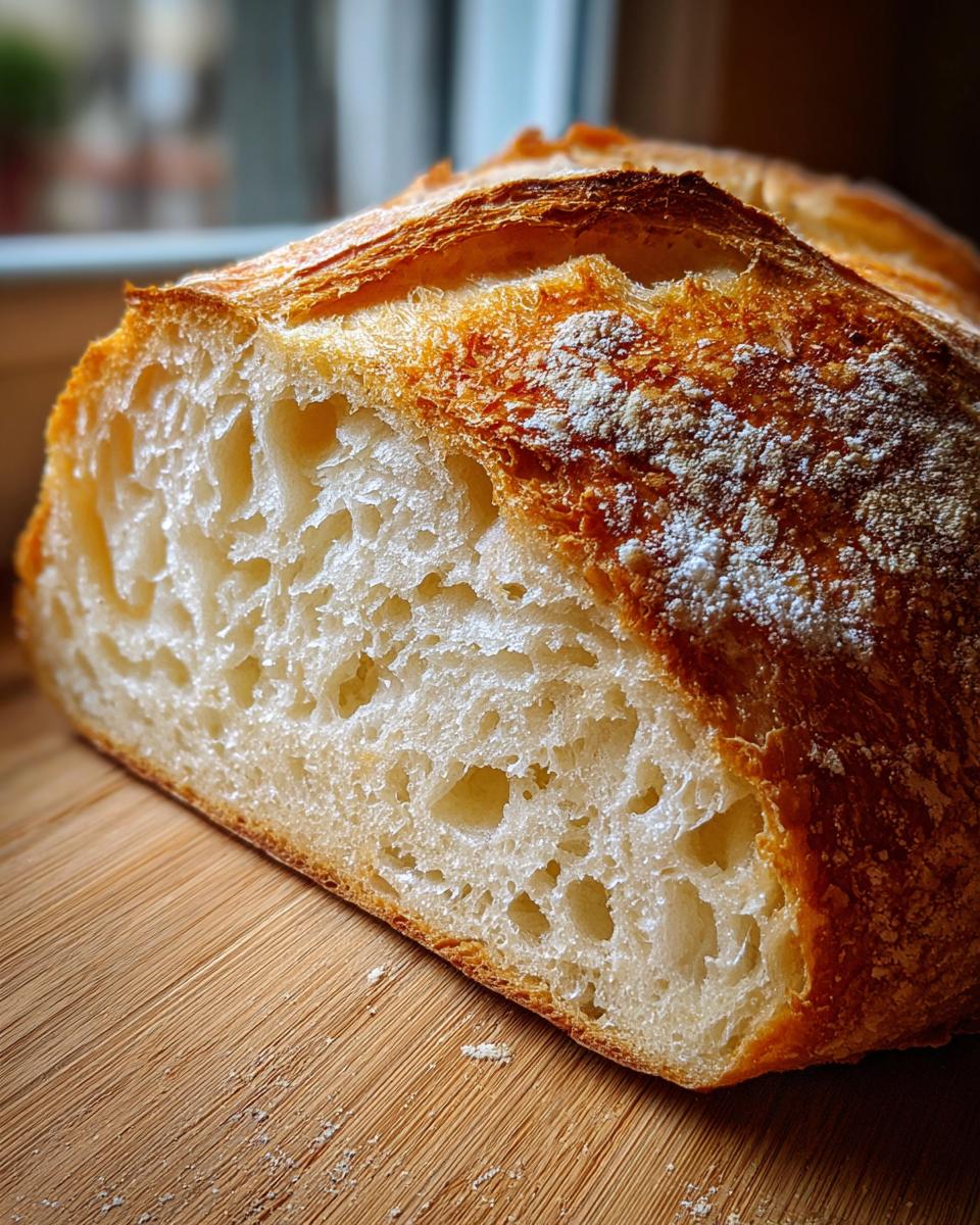 Close-up of the open crumb and crust of a freshly baked Italian bread loaf.