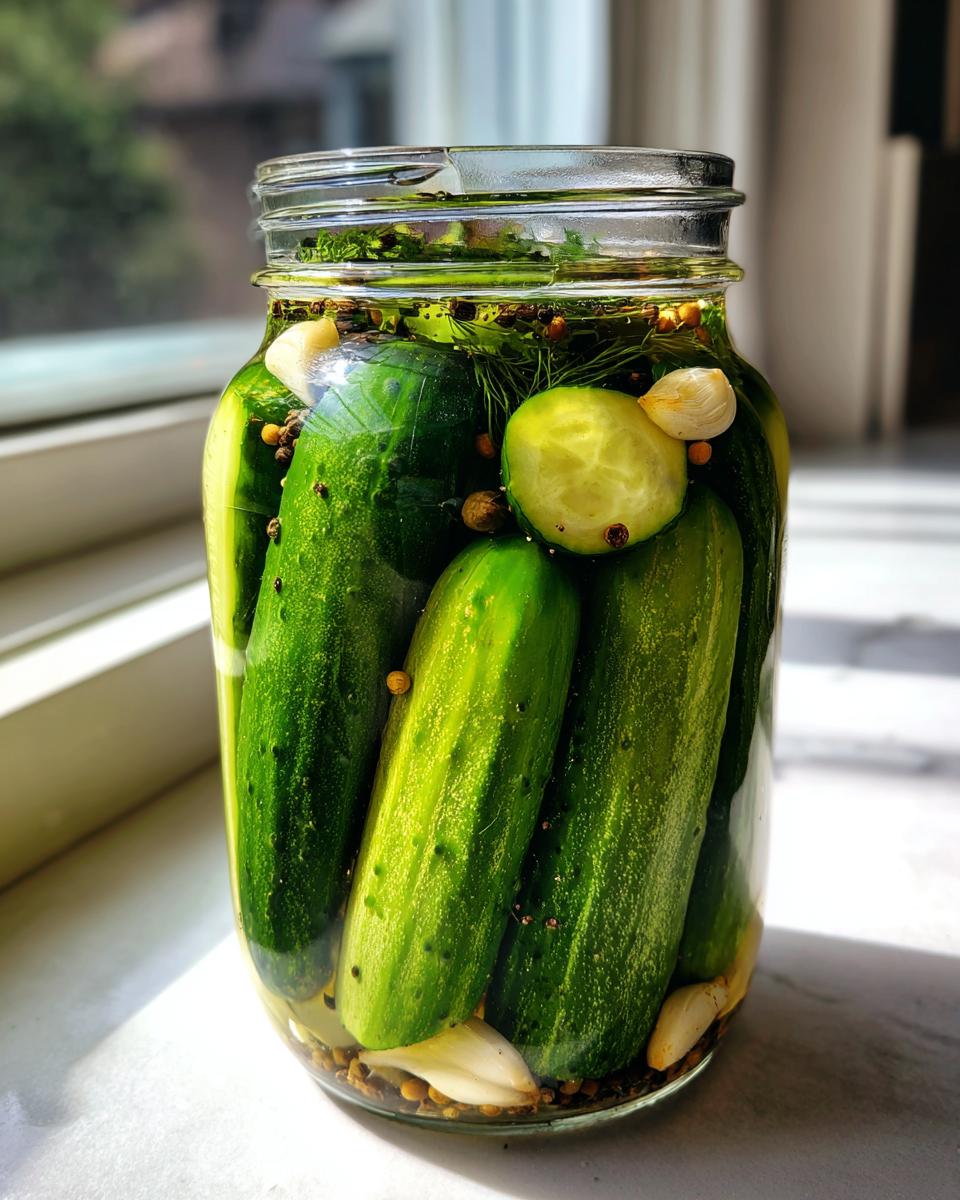A glass jar filled with fresh cucumbers, garlic cloves, and dill for making refrigerator pickles, sitting in sunlight.