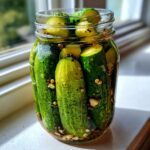 Close-up of whole and halved cucumbers packed tightly in a glass jar for refrigerator pickles, visible spices at the bottom.
