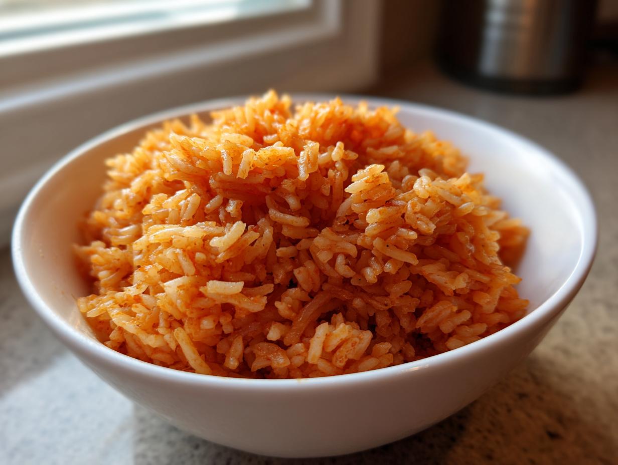 Close-up of fluffy, orange-red Jollof rice served in a small white bowl.