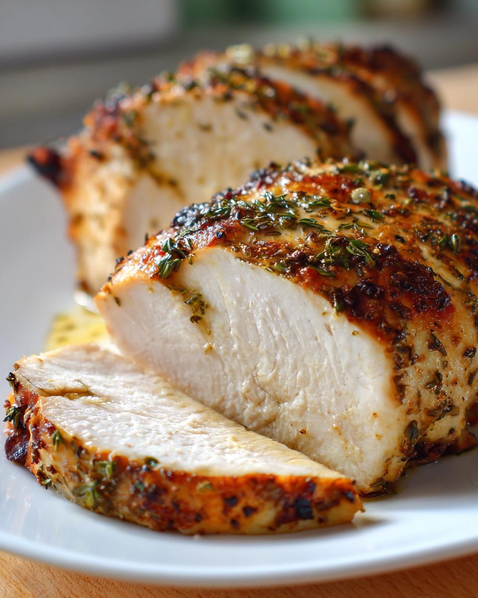 Close-up of a perfectly cooked baked chicken breast, sliced to show the juicy white meat and herb crust.