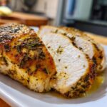 Close-up of juicy baked chicken breast, sliced to show white meat and herb crust.