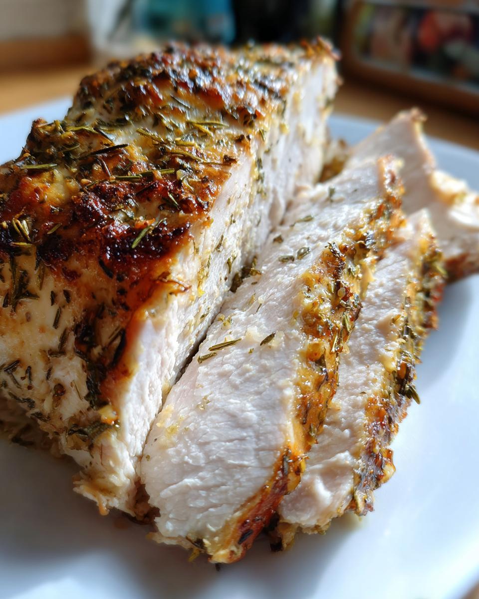 Close-up of a perfectly cooked baked chicken breast, sliced to show moist white meat and a golden, herb-crusted exterior.