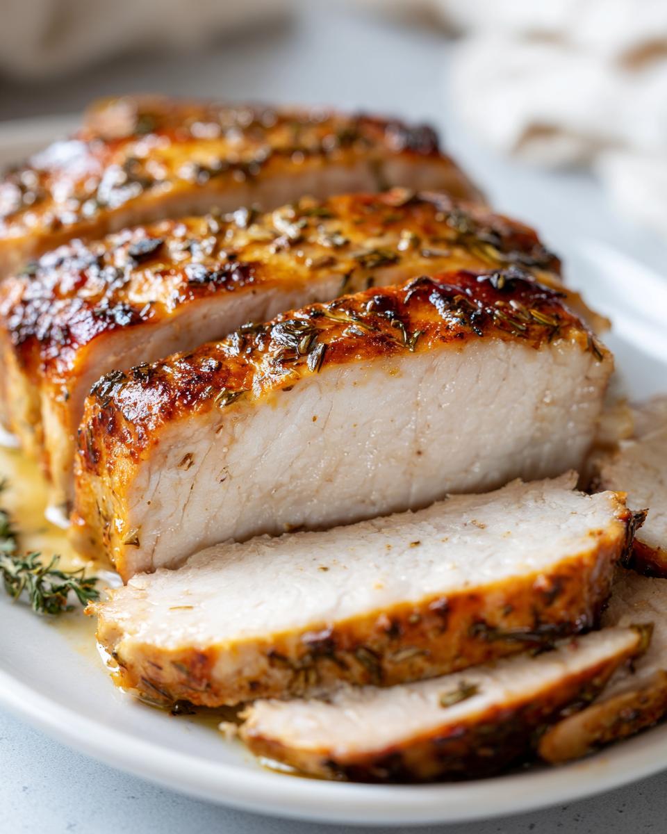 Close-up of juicy, sliced baked chicken breast with a golden, herb-crusted exterior served on a white plate.