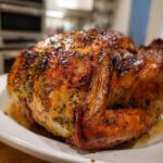Close-up of a whole roasted turkey with golden-brown, herb-crusted skin, ready to serve.