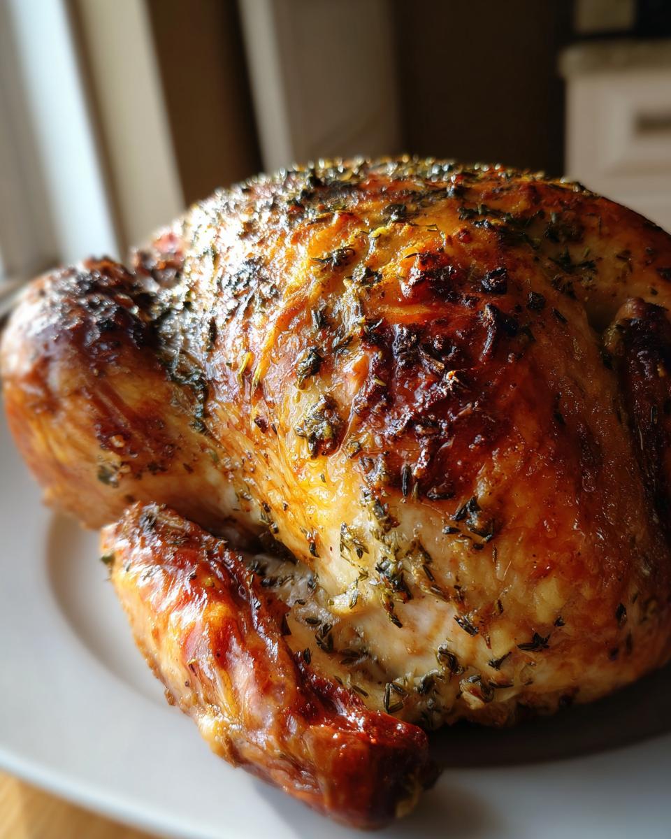 Close-up of a whole roasted turkey with crispy, golden-brown, herb-crusted skin, ready to serve.