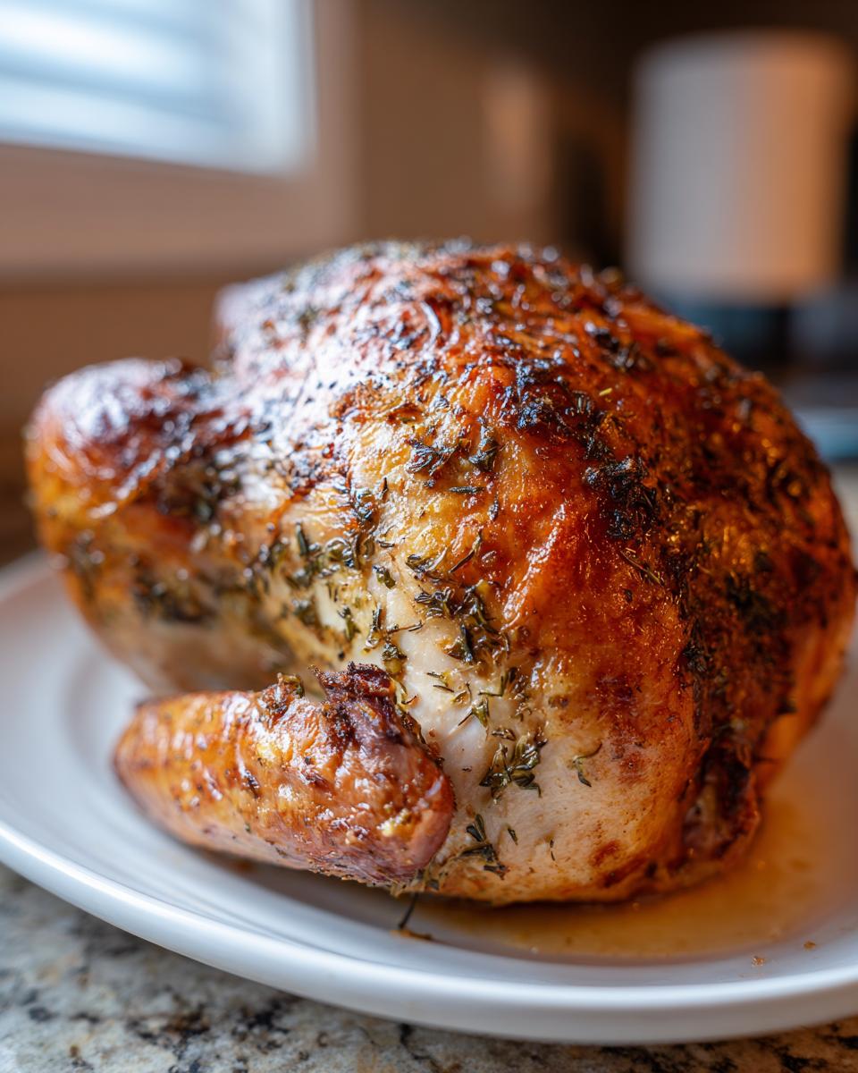 Close-up of a beautifully roasted turkey with golden-brown, herb-crusted skin resting on a white plate.