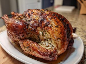 A whole, beautifully roasted turkey with deeply browned, crispy skin seasoned with herbs, resting on a white platter.