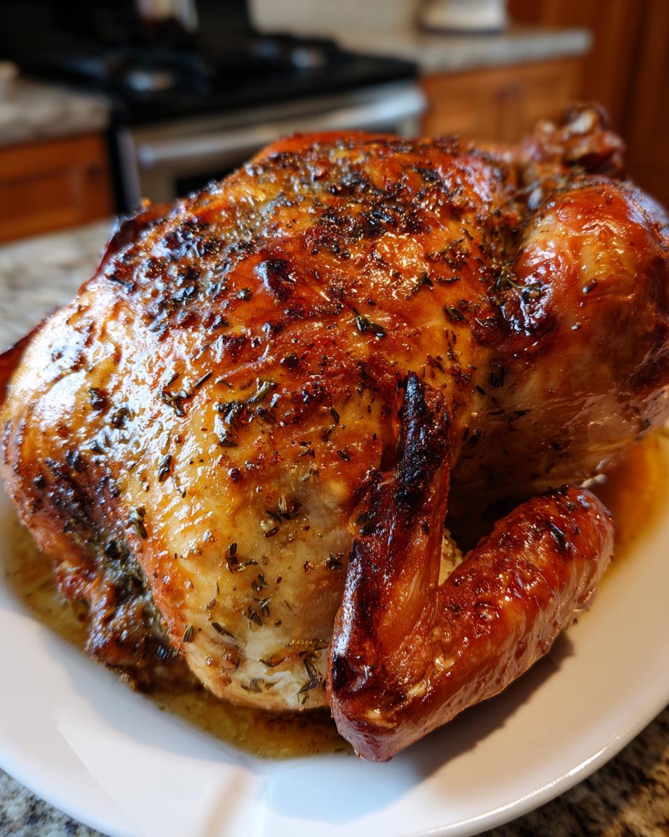 A close-up of a whole roasted turkey with deeply browned, glossy skin seasoned with herbs, ready to serve.
