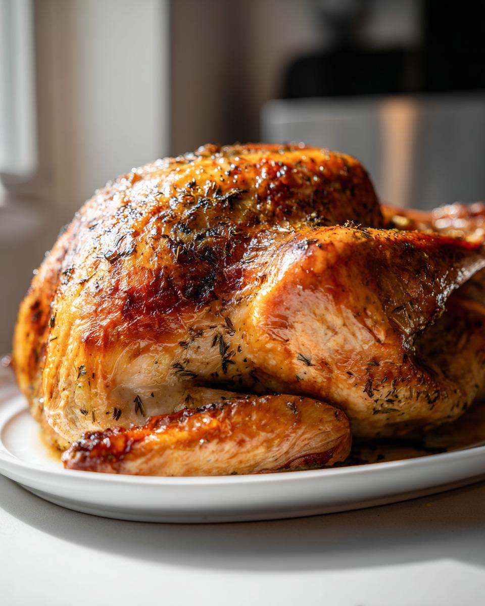 A beautifully roasted whole turkey with golden-brown, herb-crusted skin resting on a white platter.
