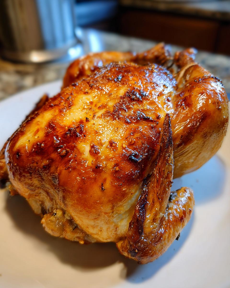 Close-up of a juicy, whole chicken with deeply browned, crispy skin, ready to serve.