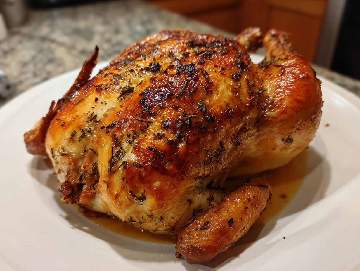 A juicy, golden-brown whole chicken roasted with herbs resting on a white platter.