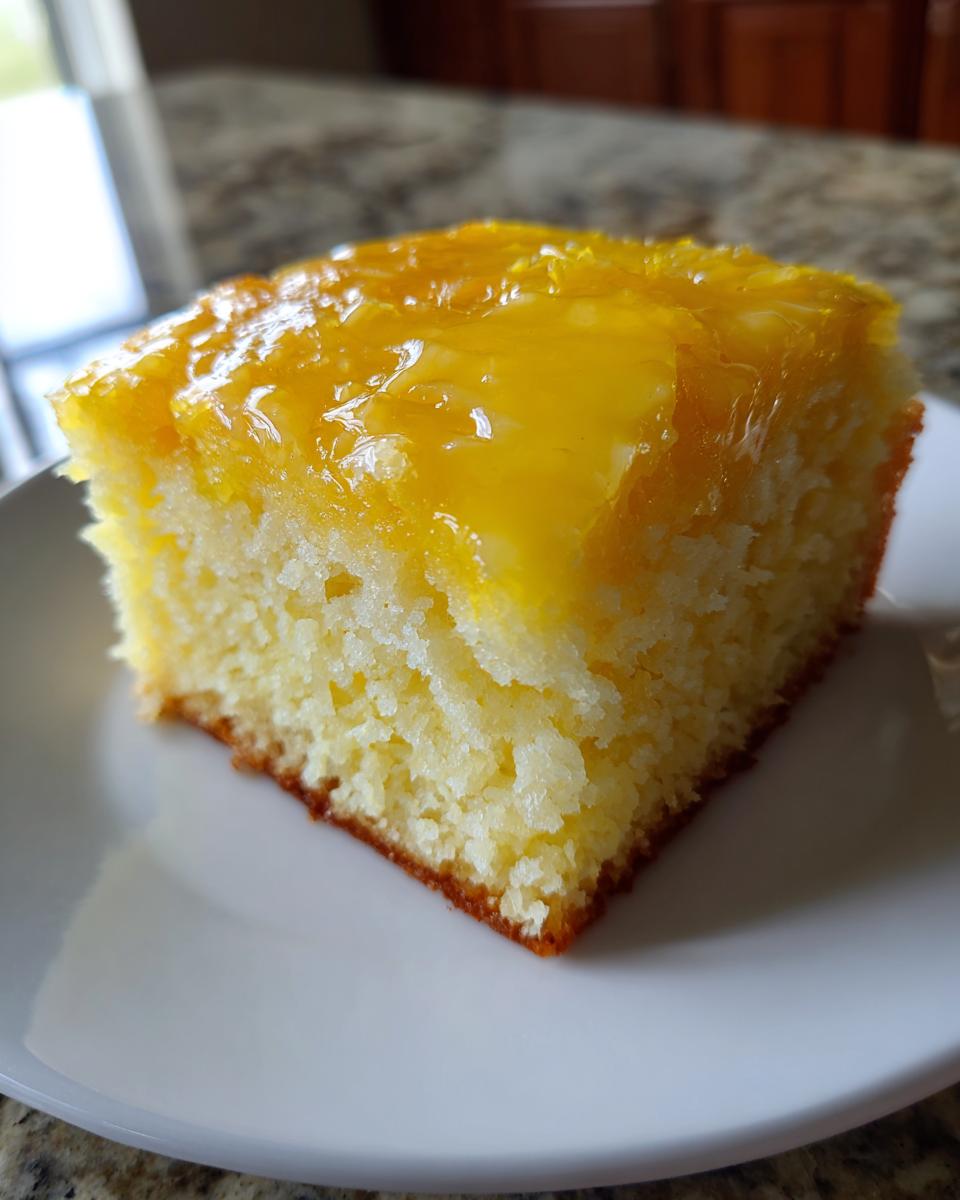 A close-up of a square slice of bright yellow lemon brownies topped with a shiny, thick lemon glaze.