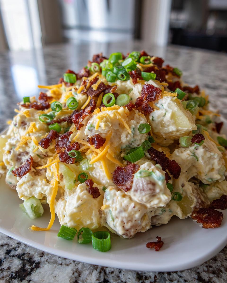 A mound of creamy baked potato salad topped generously with shredded cheddar cheese, crispy bacon bits, and fresh green onions.