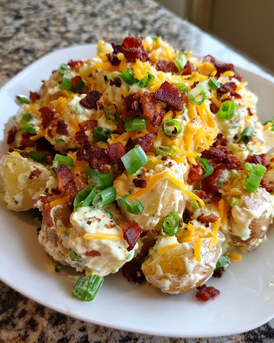 A close-up of loaded baked potato salad featuring creamy dressing, cheddar cheese, bacon bits, and green onions.