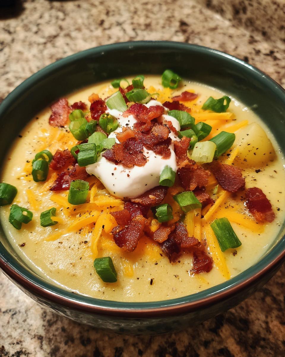 Close-up of a bowl of creamy loaded baked potato soup topped with shredded cheese, bacon bits, sour cream, and green onions.