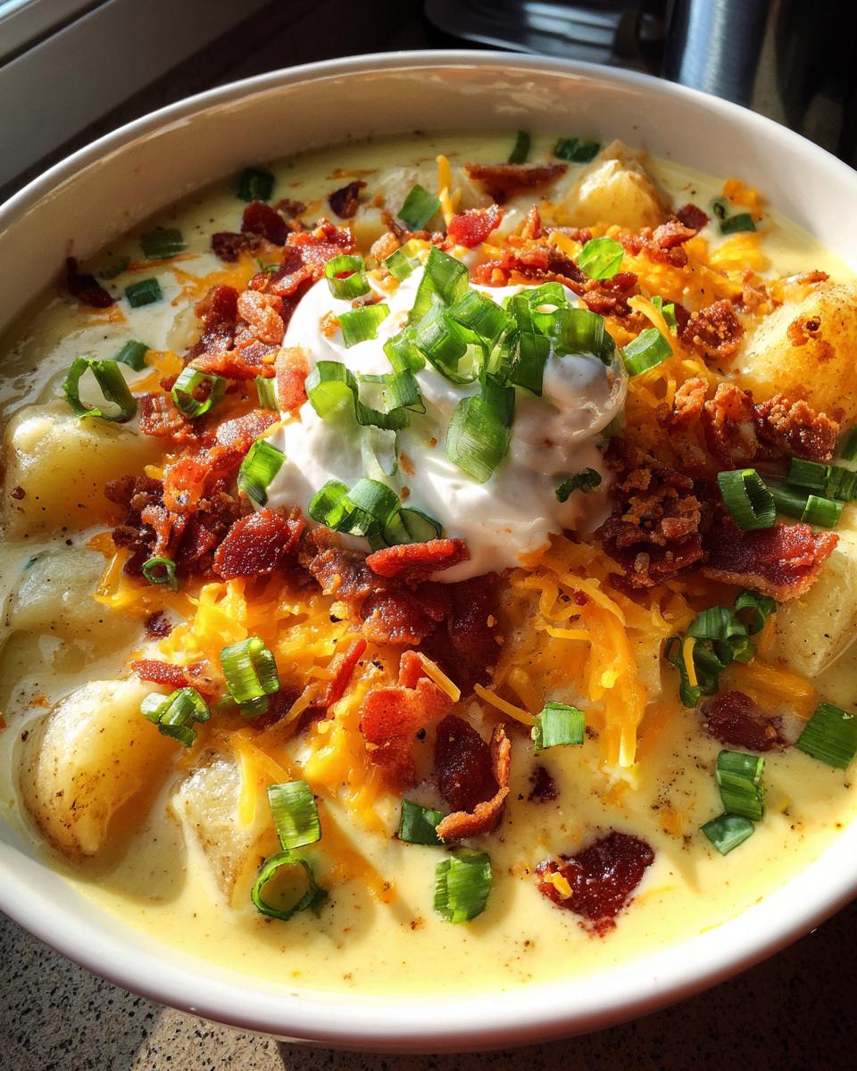 A close-up view of a bowl of creamy loaded baked potato soup topped with sour cream, bacon, cheese, and chives.