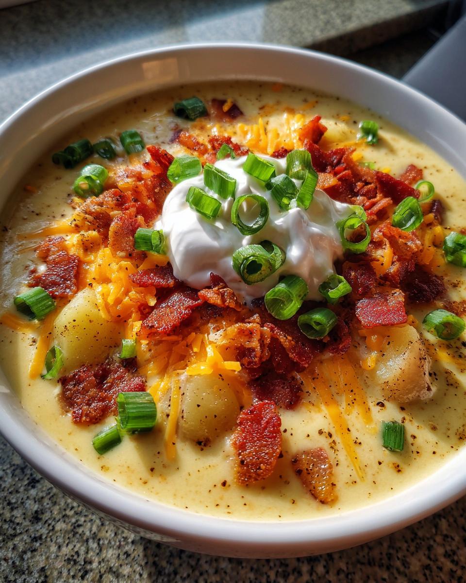 A rich bowl of loaded baked potato soup topped with sour cream, bacon bits, shredded cheese, and green onions.